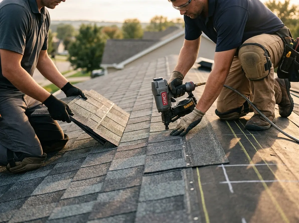 Professional roofer working on a residential roof in Encinitas